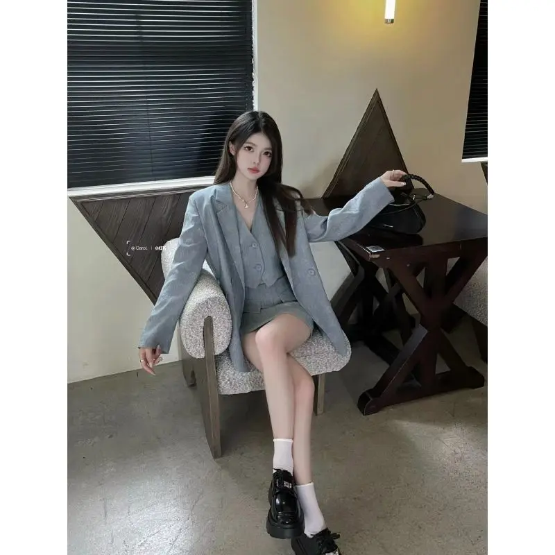 Winter Gray Y2k Vintage 3 Piece Set Women Casual Blazer Coat+vest Top+mini Skirt Female Korean Fashion Retro Japanese Suit 2024