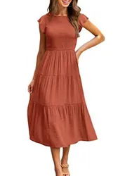 Women's Fashion Dress 2025 New O Neck Feifei Sleeve Pleated Short Sleeves Long Dresses Commuting Elegant Vintage Female Vestidos