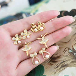 Small Pearl Ballet Earrings For Women Girls Copper Gold Plated Zircon Ear Studs Earrings Simple Fashion Jewelry Gifts ersu72