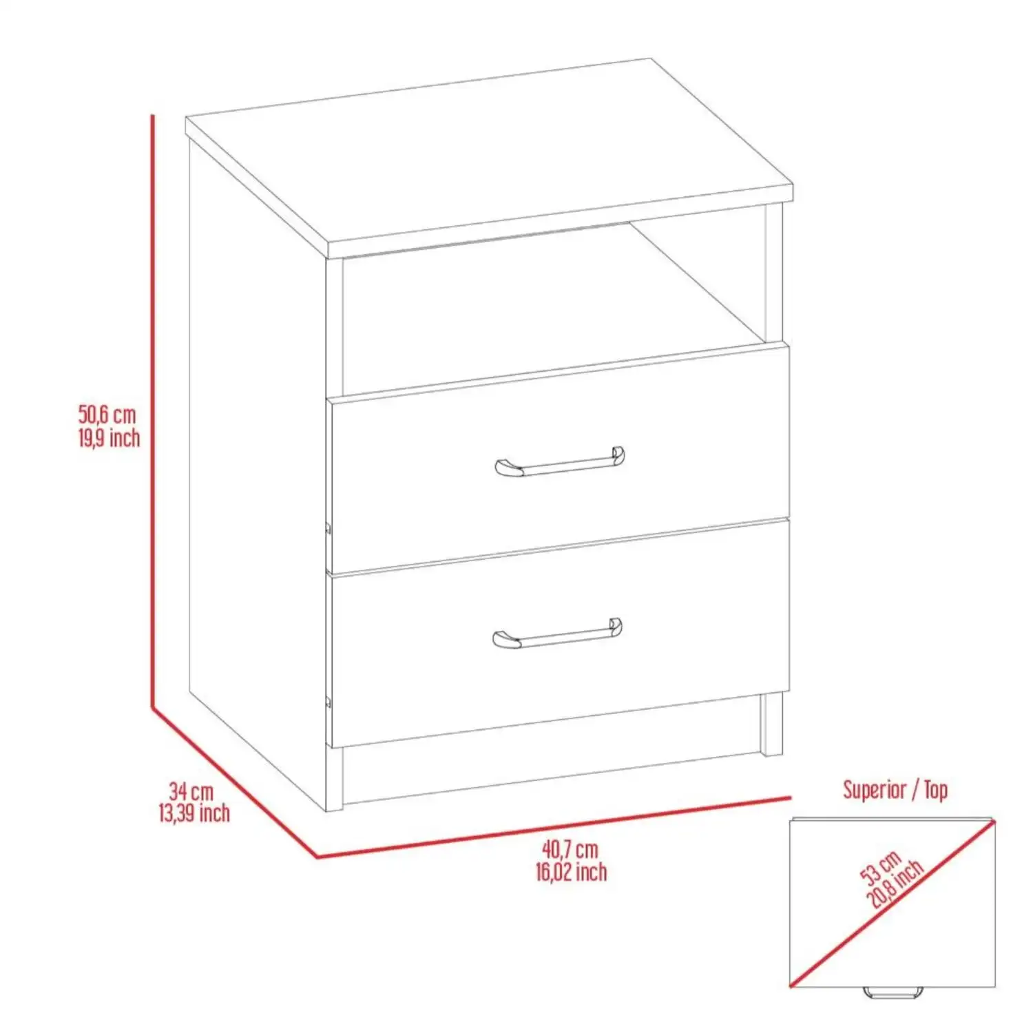 Napoles Nightstand, Superior Top, Two Drawers, One Shelf Light Gray