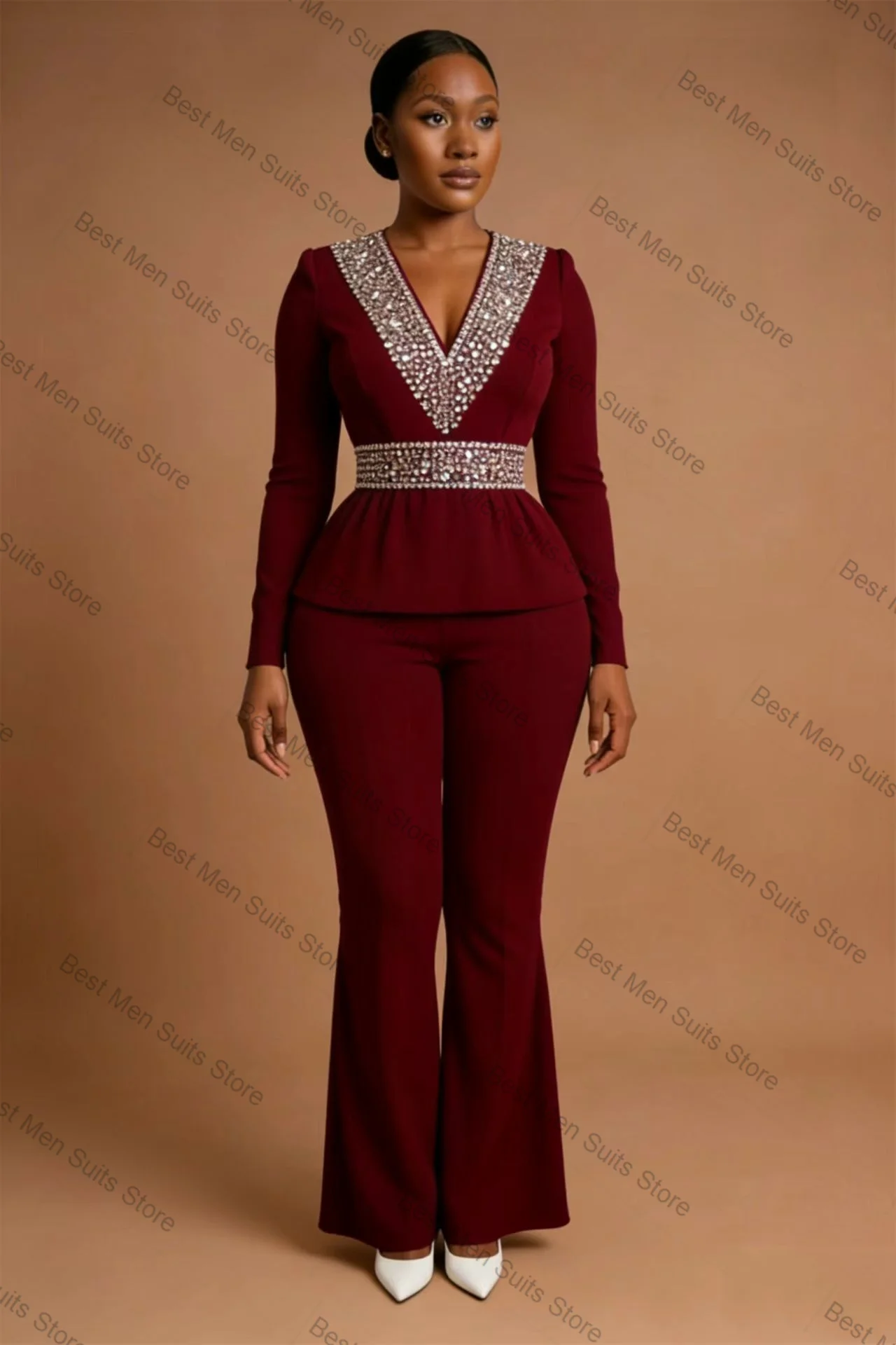 

Burgundy Women Suit Set 2 Pcs Blazer Pants Trousers Crystals Cotton Formal Office Jacket Customized Wedding Tuxedo Guest Coat