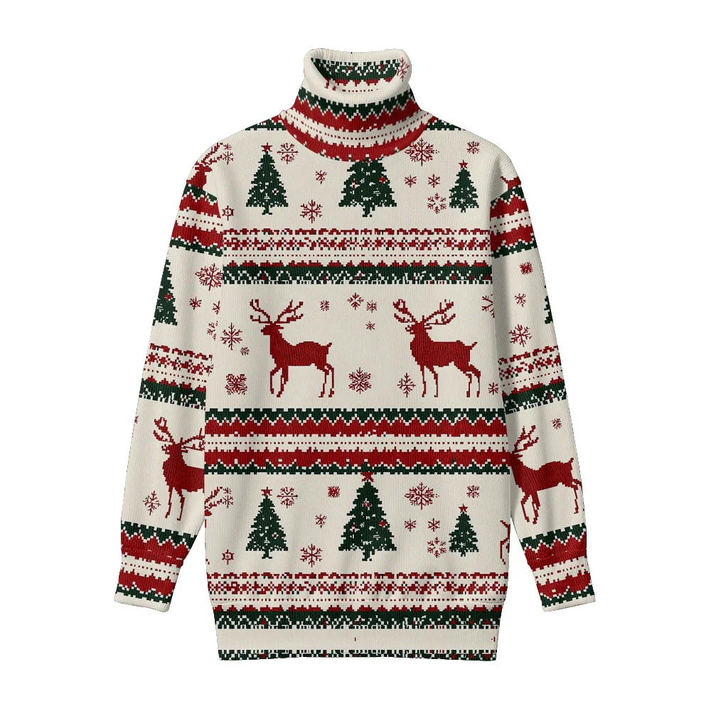 

Праздничный красный пуловер, водолазка, свитер с геометрическим узором в виде лося, снежинки, рождественский дизайн с высоким воротом для сезонных встреч