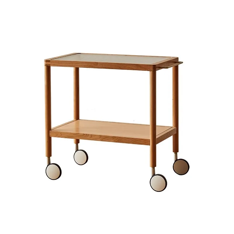 

Living room cherry wood log coffee table Japanese movable trolley with wheels
