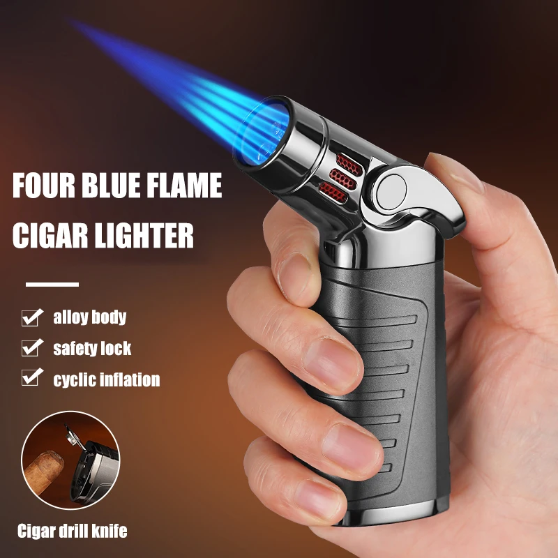 

Four Blue Flame Cigar Lighter Alloy Body Safety Lock Design Adjustable Flame Size and Bottom Folding Drill Knife
