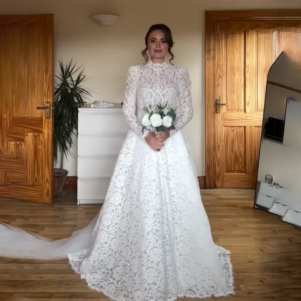 

Perfet High Neck Lace Wedding Dress Long Sleeves Buttons Back Elegant Bridal Gowns Accept Custom Made