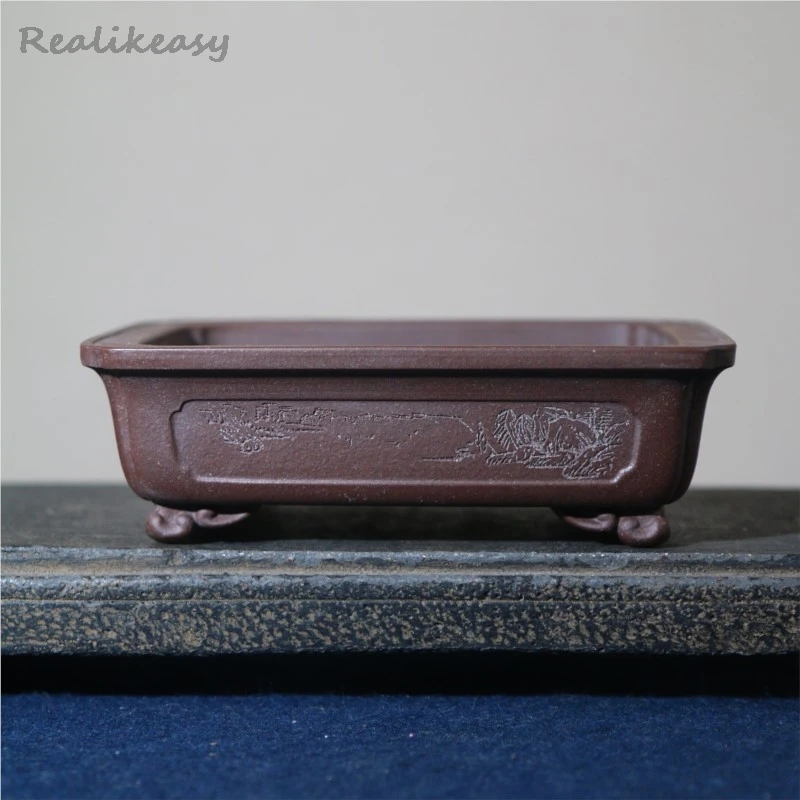 

2026 New Square Retro Purple Clay Flower Pot Hand Carved Bonsai Pot Home Chinese Classical Desktop Decoration Flower Pot LJ467