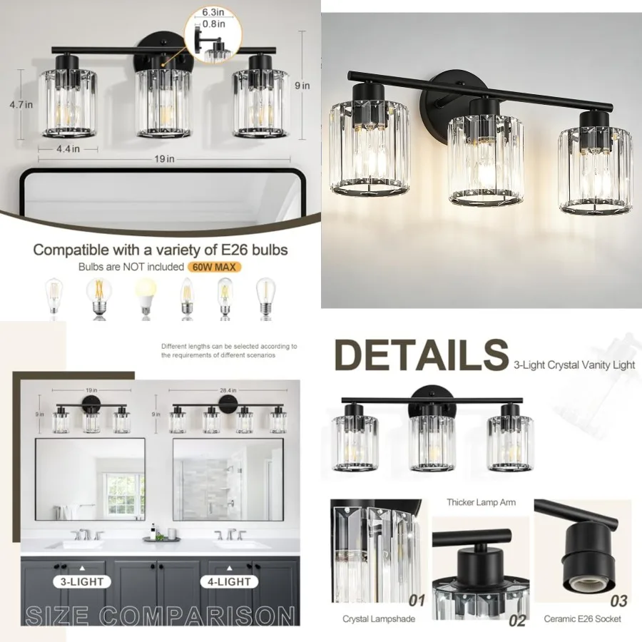 

Crystal Bathroom Light Fixtures, Bathroom Lighting Fixtures Over Mirror, Modern Vanity Lights for Mirror, Restroom, Bedroom Cer