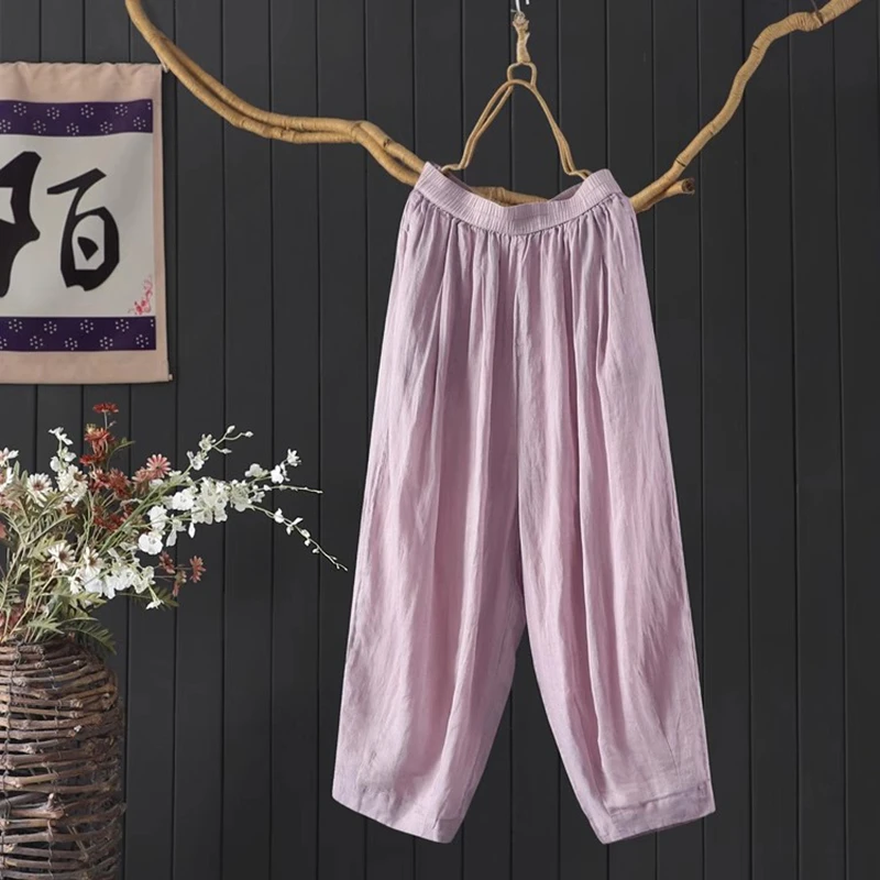 100% Ramee Vrouwen Casual Harembroek Nieuwe Collectie 2025 Zomer Vintage Stijl Effen Kleur Losse Vrouwelijke Enkellange Broek M1735