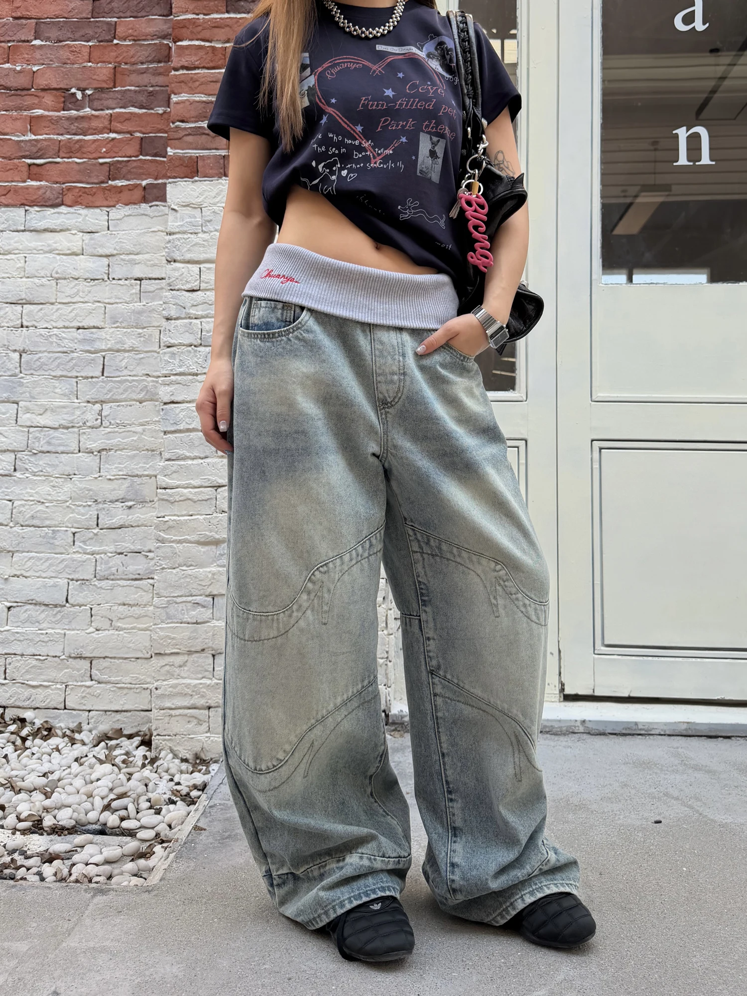 

Джинсы в американском стиле, повседневные, с эффектом потертости, унисекс, широкие штанины, естественная талия, с лоскутным поясом, удобные, на все сезоны, джинсовые брюки