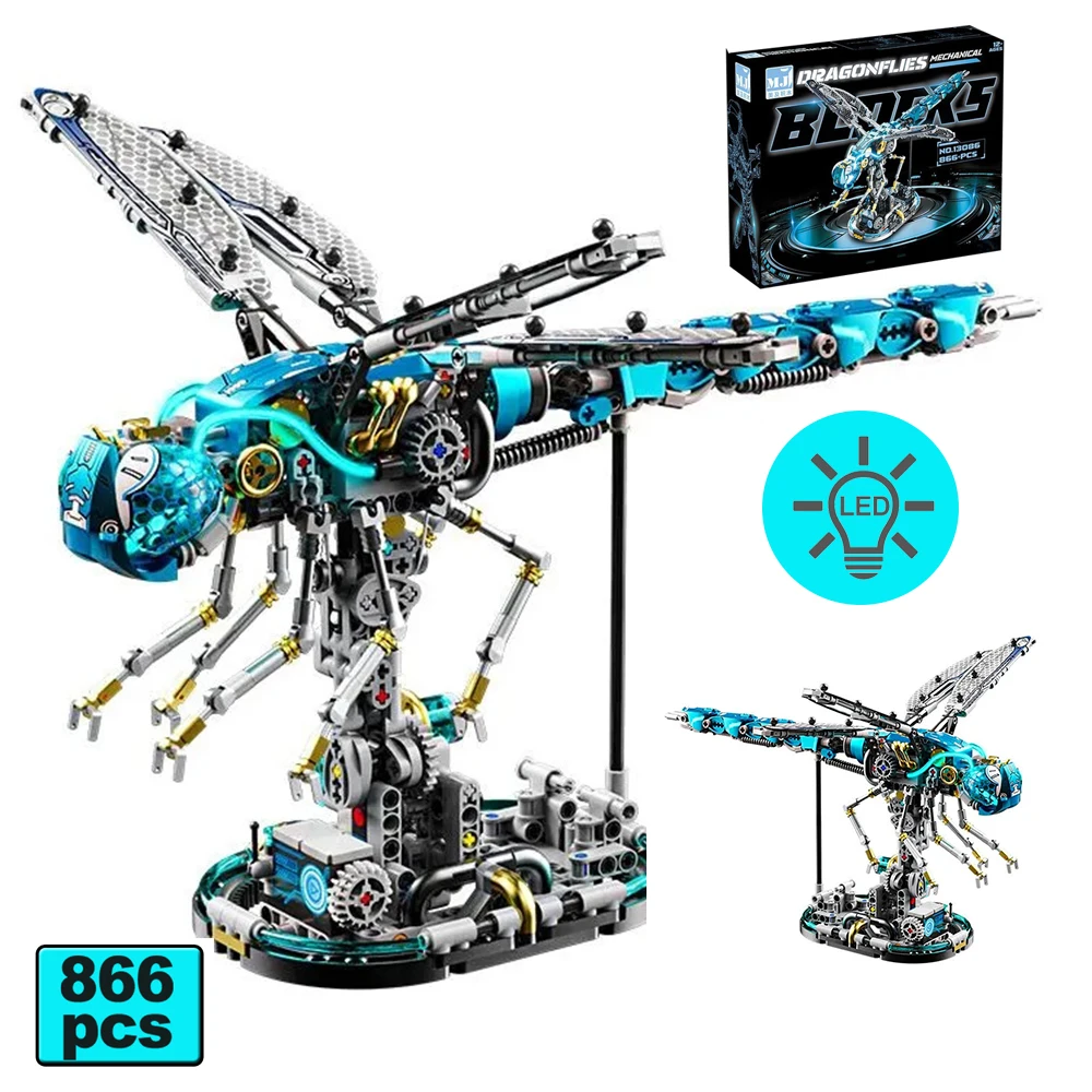 

866 шт. механическая модель стрекозы, строительные блоки MOC LED Cyber Animal Series, орнамент, креативные детские развивающие игрушки, подарок