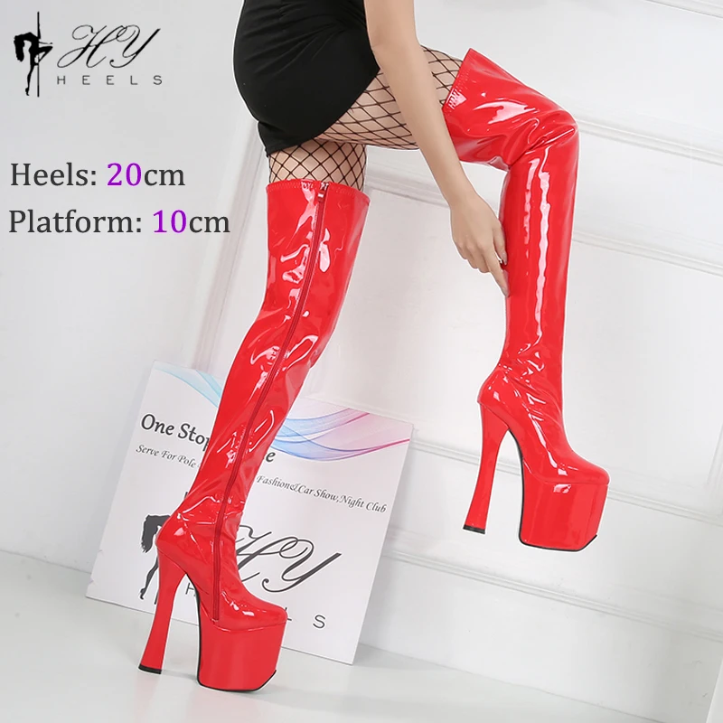 Sexy Super High 20CM Heel Flex PU Slim Elastic Over Knee Boots Chunky Block Platform Thigh High Boots