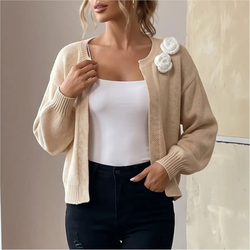 2026 New Autumn And Winter Women Cardigan Solid Color Chest Three-dimensional Flower Fashionable And Comfortable Unique Cardigan
