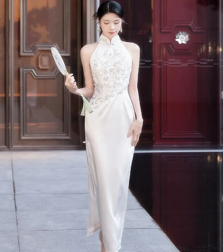 

White Wedding Ceremony Banquet Cheongsam Asian Bride Toast Dress High-End Retro Summer Slimming Attire for Oversea Chinese TP089