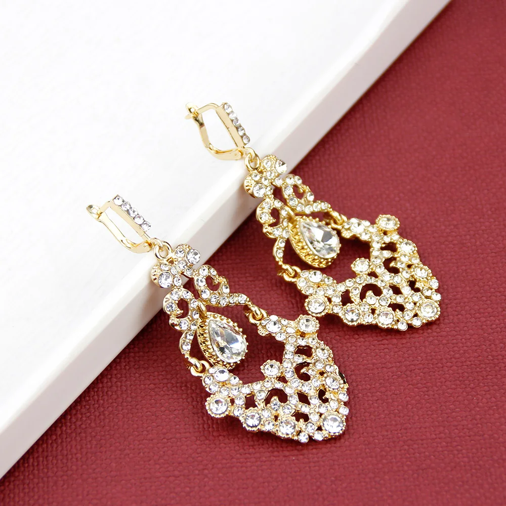 Sunspicems Gold Color Moroccan Crystal Drop Earrings For Women Ethnic Turkish Bride Wedding Jewerly Arabic Dubai Bijoux