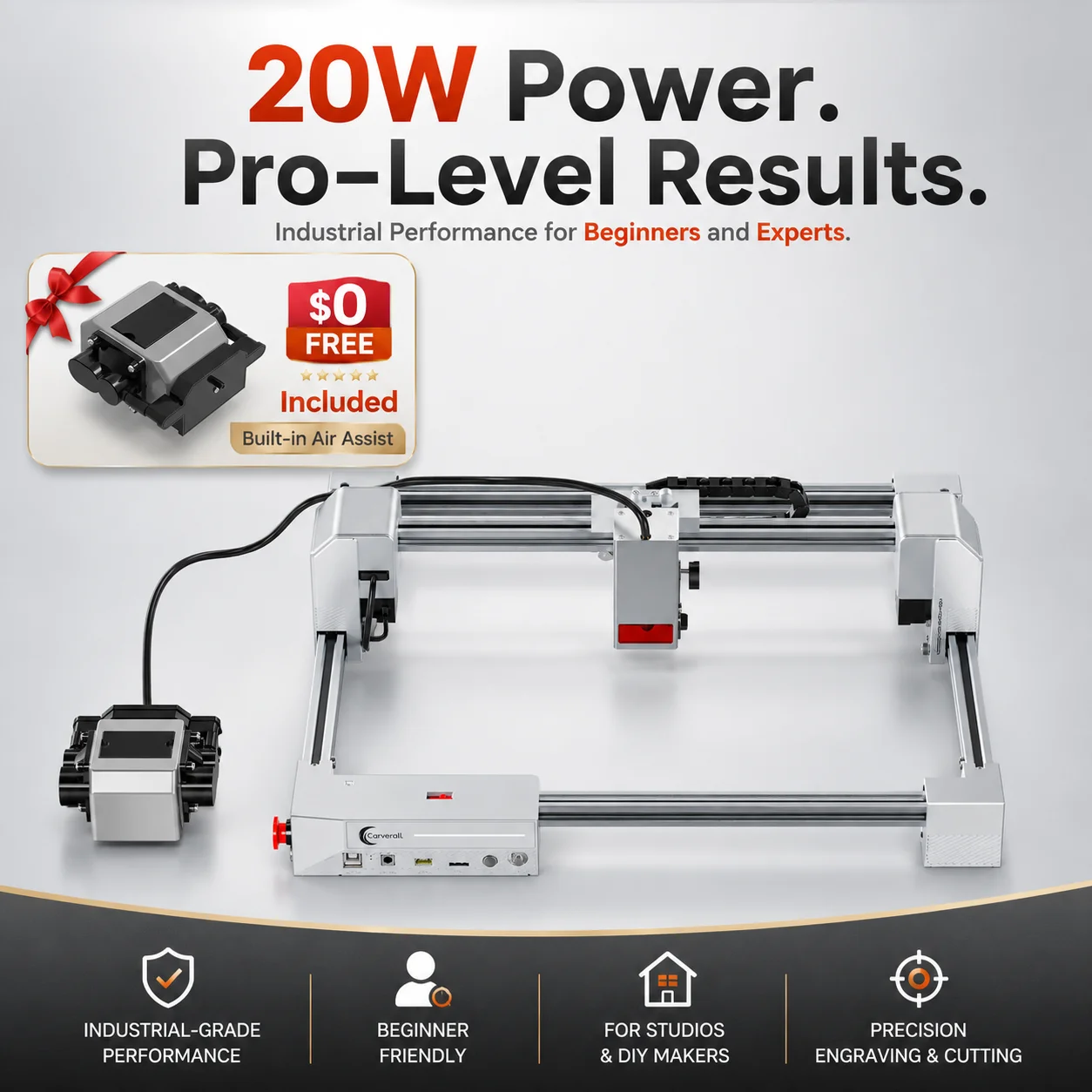 Carverall JL9 20W Laser Engraver Cutter, 300x300mm Desktop CNC Engraving Machine, Dual-Motor Air Assist, 0.01mm Precision, WiFi/App/LightBurn Smart Software, for Wood Acrylic Leather DIY Small Business