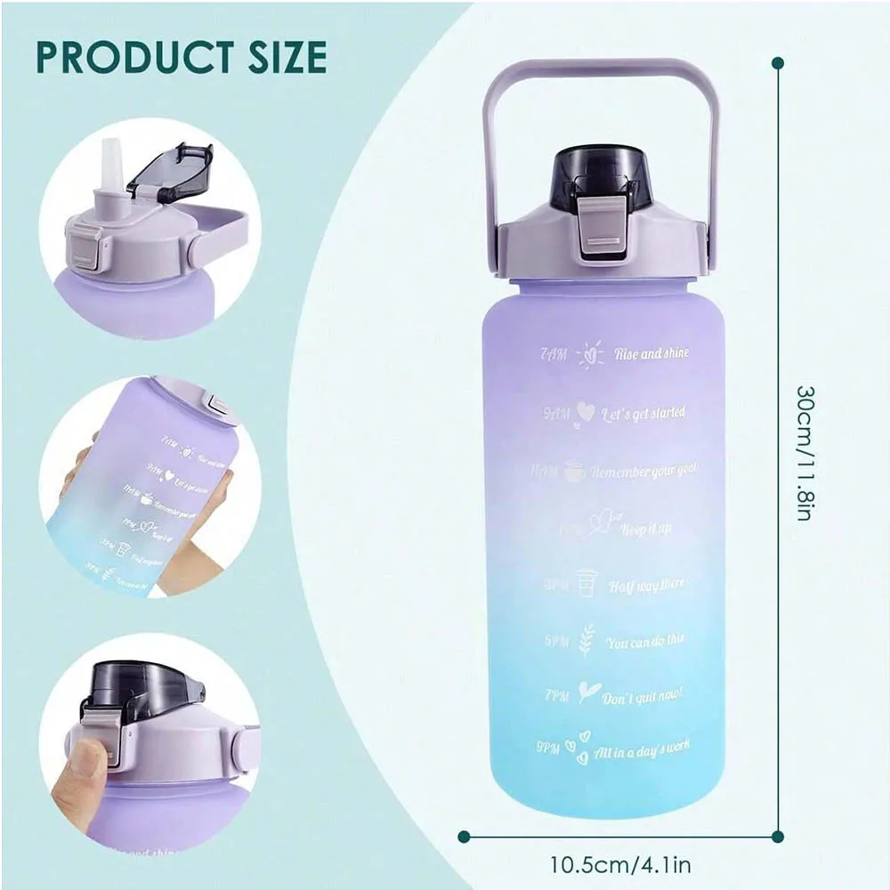 2L Water Bottle Motivational Water Bottle with Time & Capacity Marker BPA-Free Sports Water Cup Fitness Gym Running Exercise