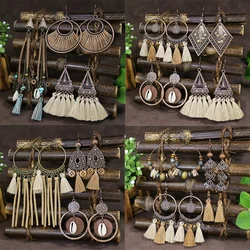 Classic Brown Fringe Shell Earrings Boho Holiday Jewelry Women Geometric Wood Beads Hollow Egypt Retro Indian Earrings Brincos