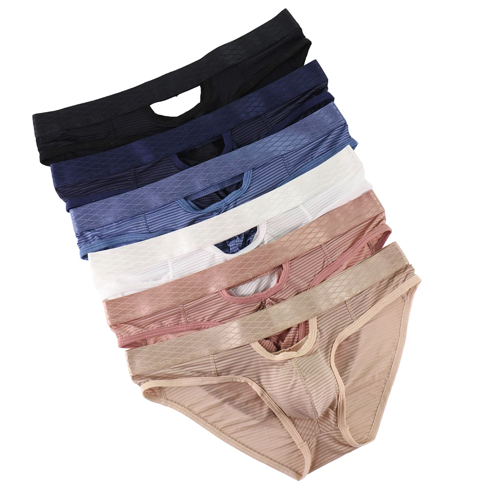 Solid Color Mens Striped Breathable Underwear Hollow Out Underpants Sheer Mesh Low Waist Briefs Shorts Jockstrap