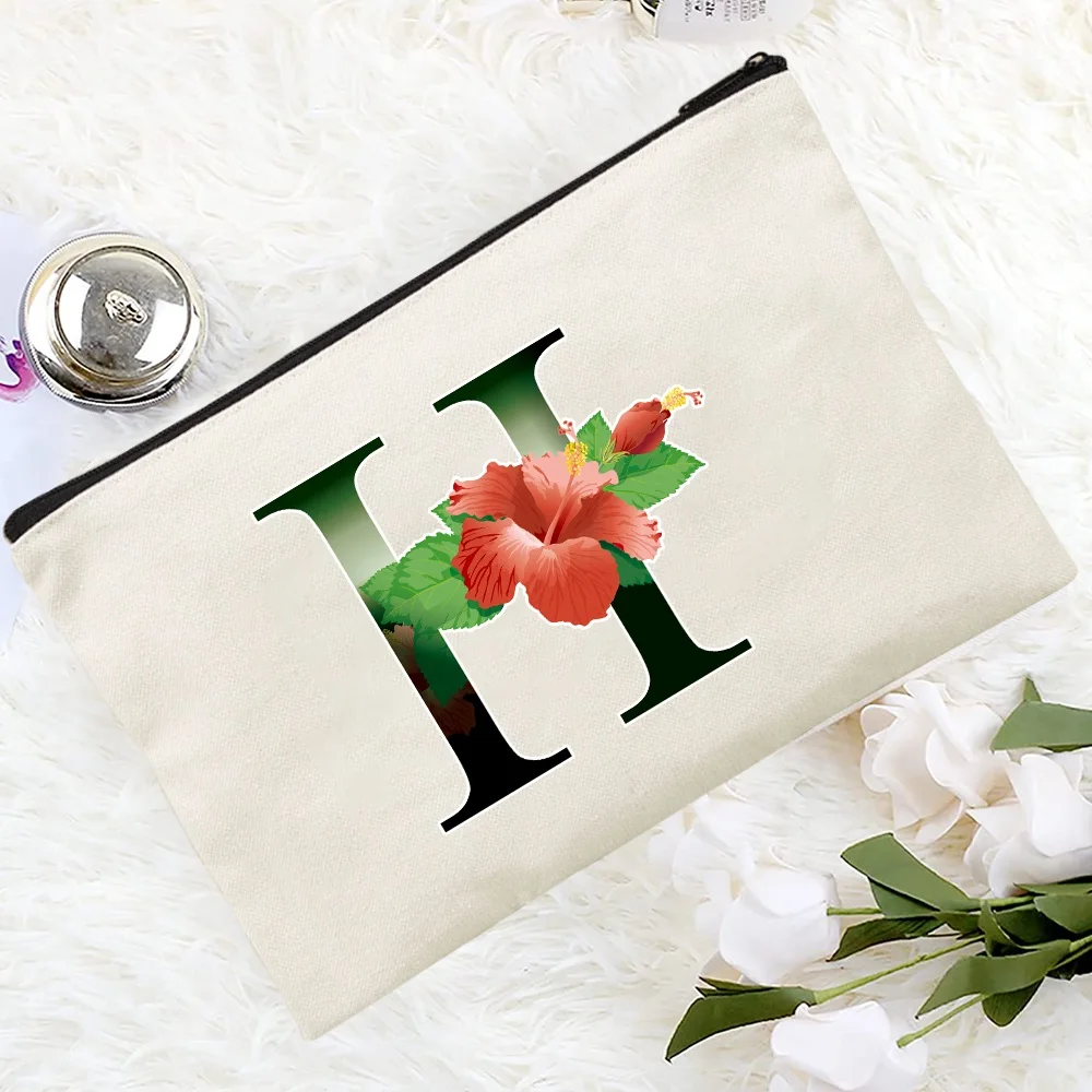 Women Canvas Makeup Bag Flower Letter Name Series Pattern Makeup Organizer Cosmetic Bags Pencil Cases Bridesmaid Makeup Bag Gift