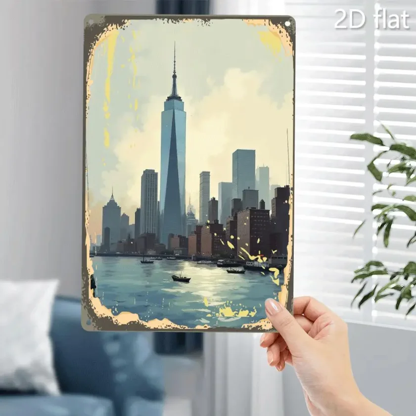 Letrero artístico de pared de Metal con horizonte de la ciudad de Nueva York Vintage, placa de pintura de estaño de hierro de 8x12 pulgadas con y un centro comercial mundial, Indoo