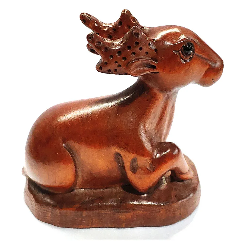 

Q4348 - 2" Hand Carved Boxwood Netsuke Figurine : Deer Rest Lovely