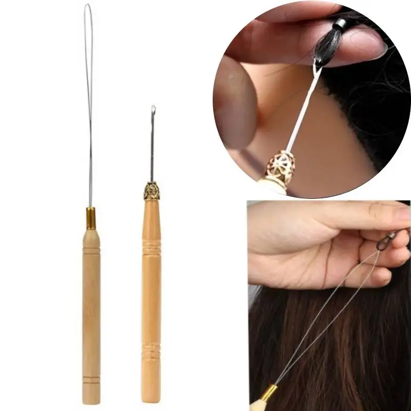 Micro Rings Loop Threader Pulling Needle Wooden Handle Hair Hook for Human Hair Feather Extension Tools Wig Needles