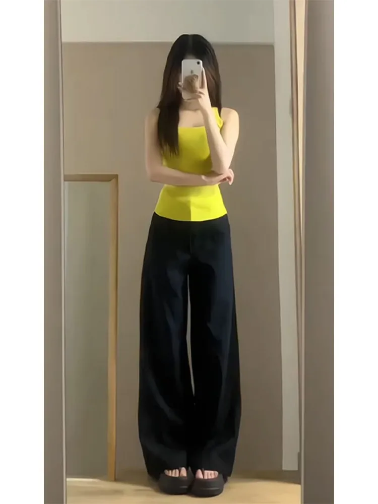 

High Waist Extended American Retro Black Wide Leg Jeans Women's Spring Autumn Slim Straight Floor-Length Pants