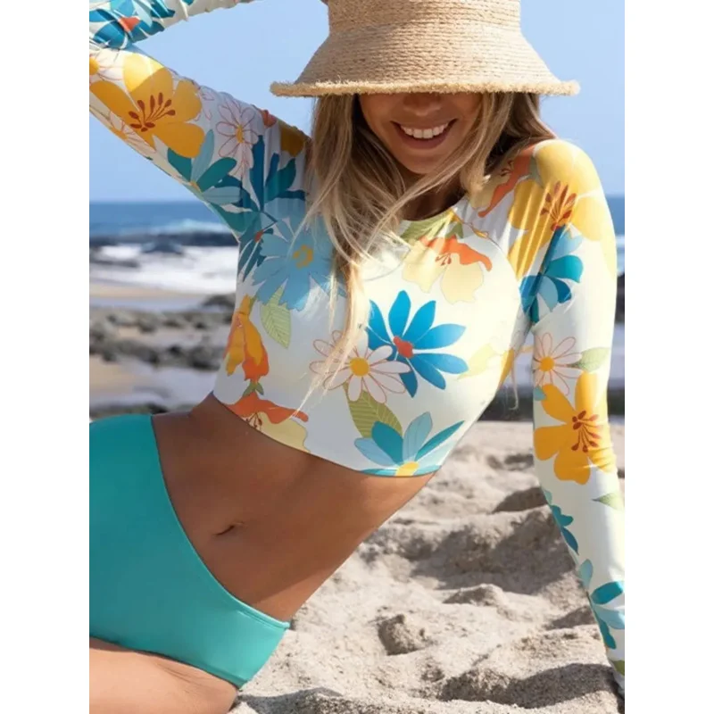 

Купальный костюм с цветочным принтом UPF50 + женский купальник Rash Guard для серфинга, двухсекционный купальник с длинными рукавами
