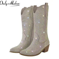 Onlymaker Women Rhinestone Knee High Western Boots Comfy And Gorgeous  Fashion Bling Boots