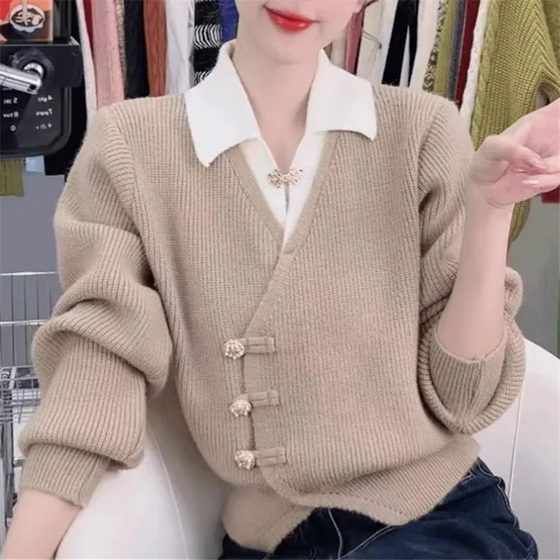 2025 Spring Autumn New Fake Two-Piece Knitt Sweater Splicing Cardigan Women Temperament Casual Knitwear Sweaters Ladies Top W706