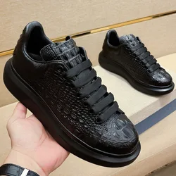 New summer crocodile print black men's breathable shoes running casual sports board shoes natural cowhide soft sole shoes A3