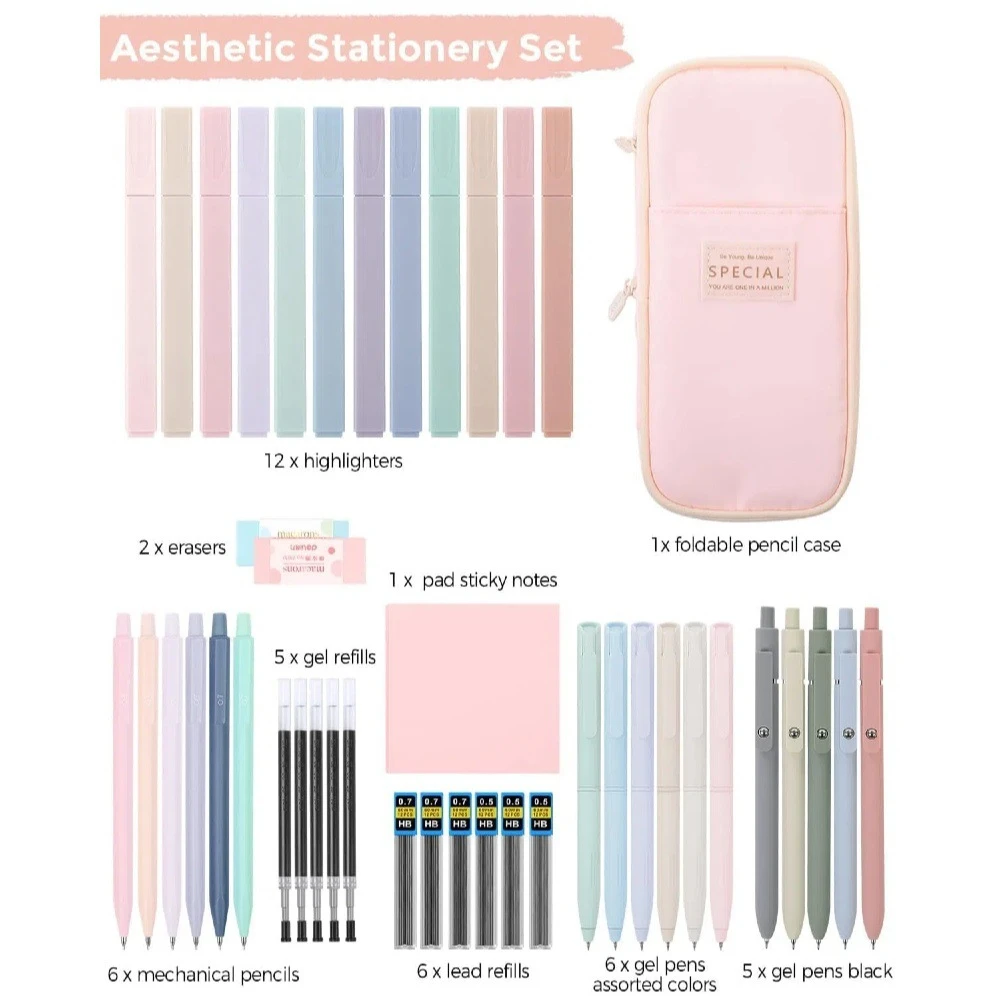 A 44-Piece School Supply Set, including A Pencil Case, 6 Colored Gel Pens, 12 Highlighters, 5 Black Gel Pens, and 6 Pencils