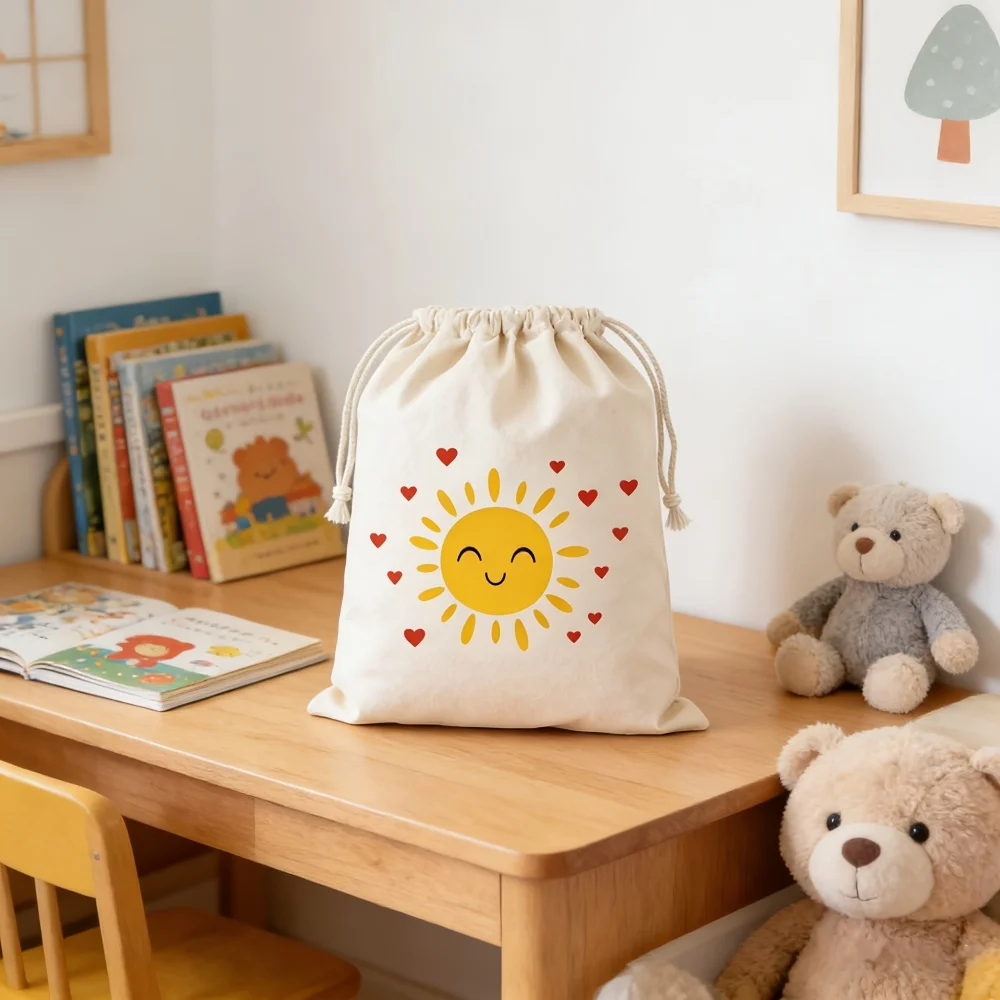 1Pc Custom Name/Text Sun Pattern Imitation Hemp Gift Bag Drawstring Closure Storage Bag, Party Candy Bags, Daily Storage