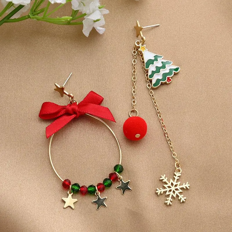 Fashion Christmas Tree Snowflake Earring For Women Santa Claus Bowknot Red Ball Asymmetric Tassel Earring New Year Festival Gift