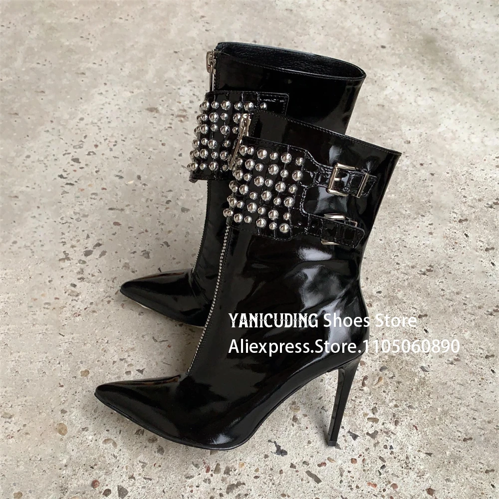 Studded Black PU Patent Leather Booties Punk Style Metallic Buckle Ankle Boots Luxurious Handmade Booties for Women Customizable