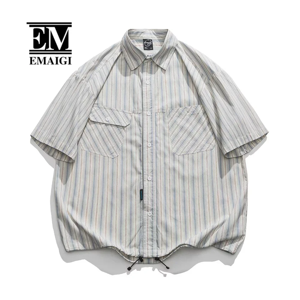 Men's Summer Japanese Korean Streetwear Fashion Drawstring Stripe Short Sleeve Loose Casual Cargo Shirts Blouses for Men