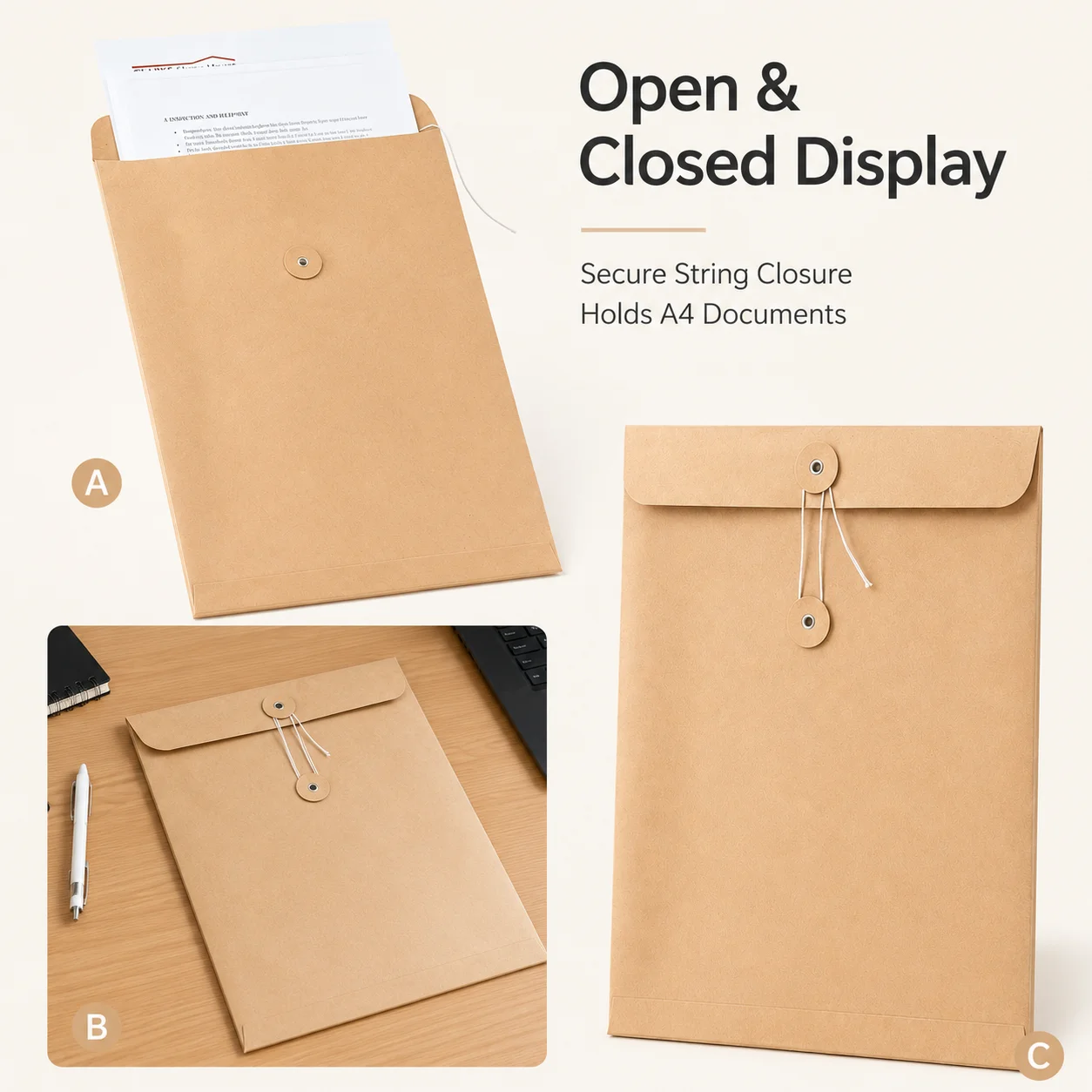 DIYCustom Kraft Document Envelope, Personalized Brown Paper File Folder With String Closure, Reusable Office Paper Storage Bag