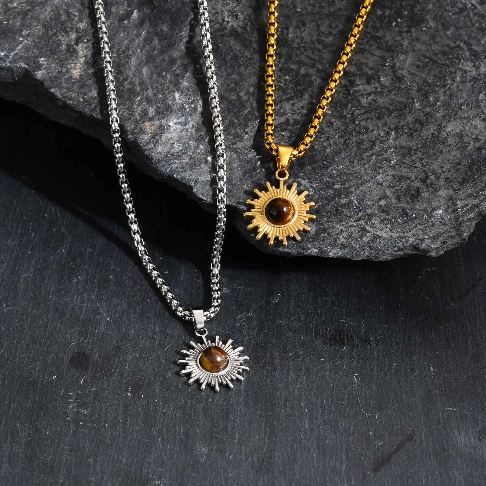 أزياء الشمس عين النمر الطبيعة حجر قلادة قلادة للرجال، فضية اللون الفولاذ المقاوم للصدأ قلادة، فاسق مجوهرات شخصية #2