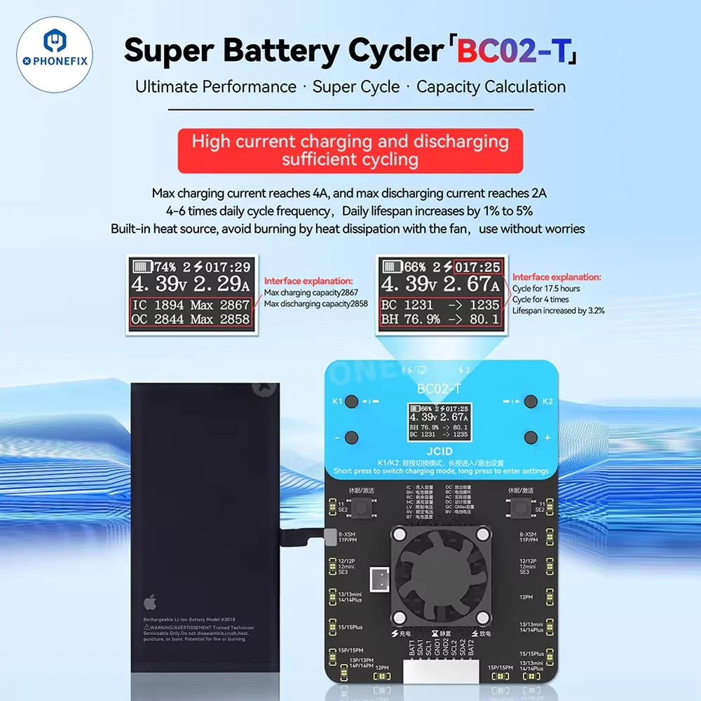JCID BC02-T Super Battery Cycler Unlock Battery Voltage Limit for iPhone 11 12 13 14 15PM Battery Health AND Cycle Repair Tool