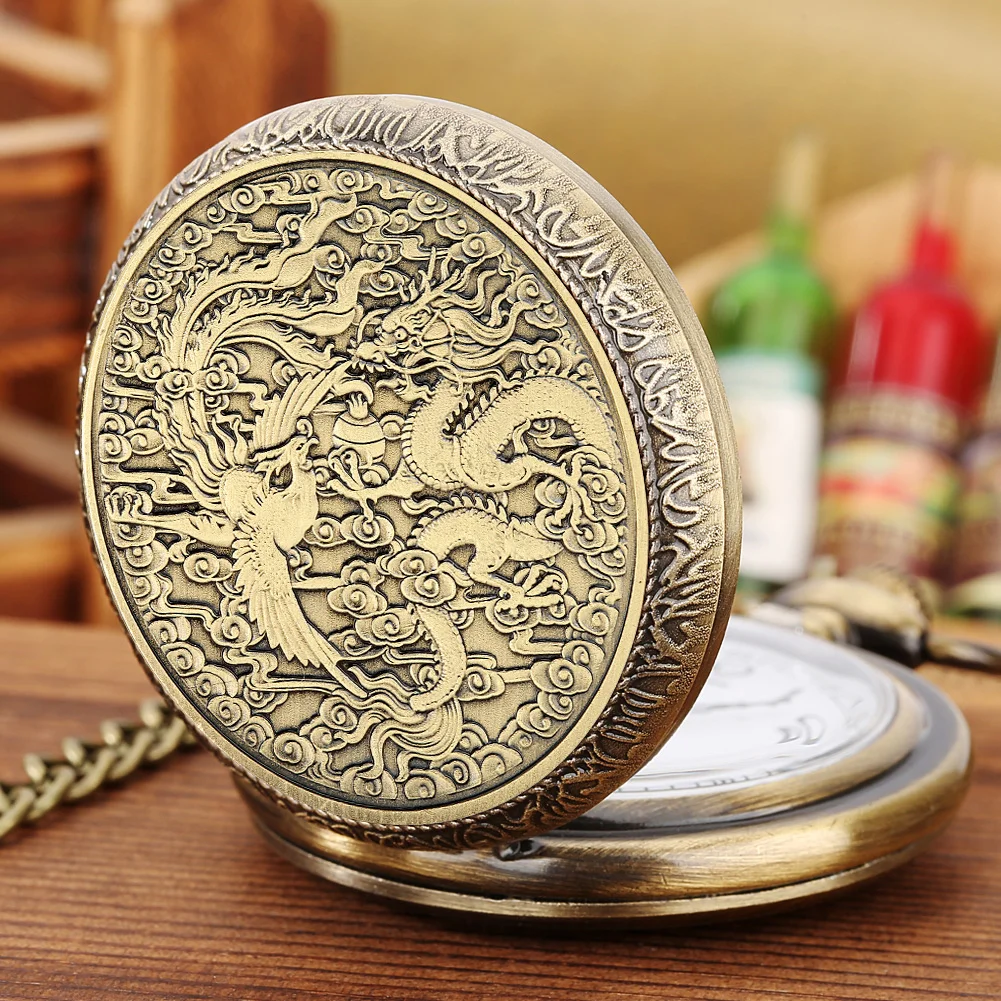 Retro Dragon and Phoenix Chengxiang Bronze Plated Coin Zodiac Animal Coins Metal Badge Quartz Pocket Watch Necklace Chain Clock