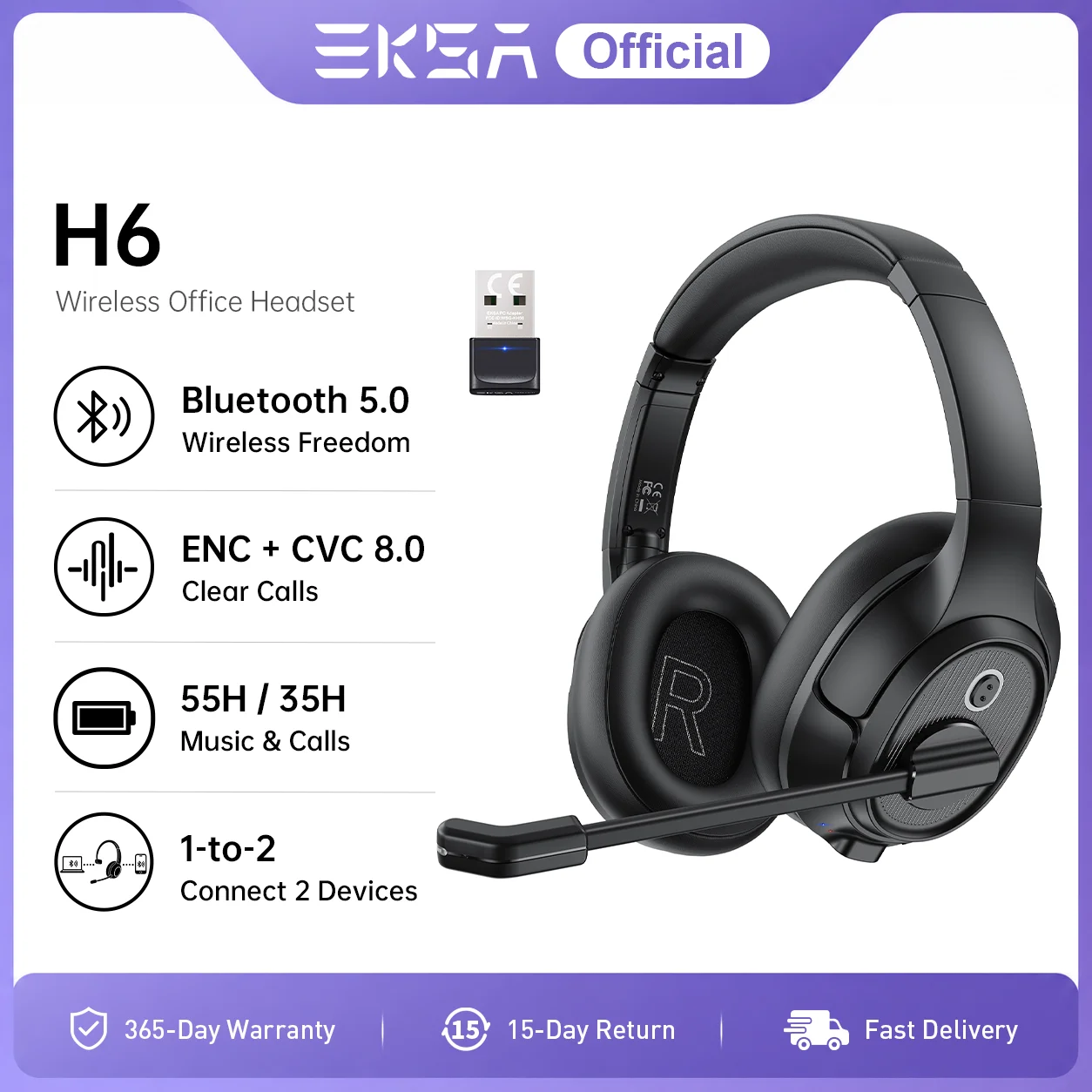 EKSA H6 Wireless Headphones Bluetooth 5.0 Headset with USB Dongle ENC Call Noise Cancelling Mic 30H Playtime For Office Computer