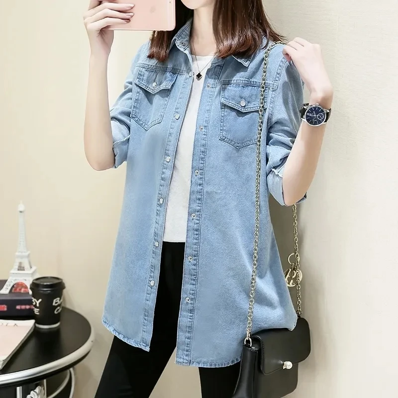 

Denim Shirt Jacket Women's Long Sleeve Korean Spring Autumn Mid-Long Loose Shirt Versatile Tops Ladies Denim Cardigan Boulse