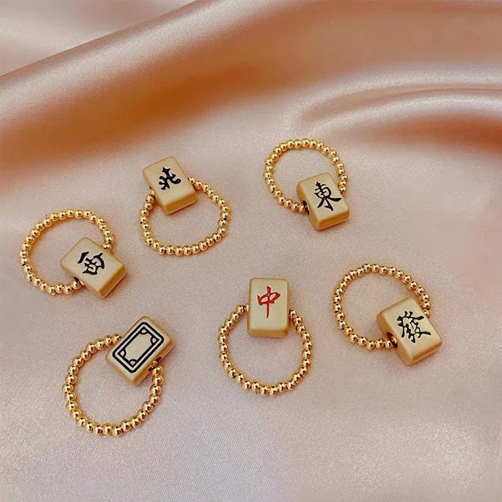 Punk Gifts Transfer Beads Lucky Nation Hip Hop Chinese Character Women Ring Mahjong Rings Fashion Jewelry