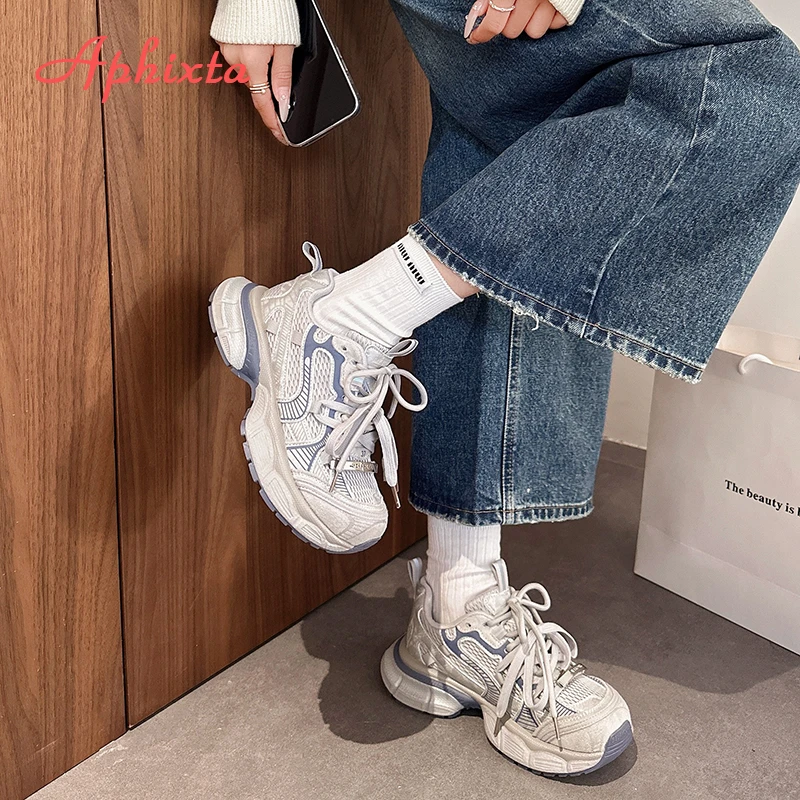 

Aphixta Fashion Chunky Heel Woman Sneaker Round Toe Breathable Mesh Lace Up Women Sport Shoes Platform New Women Spring Shoe
