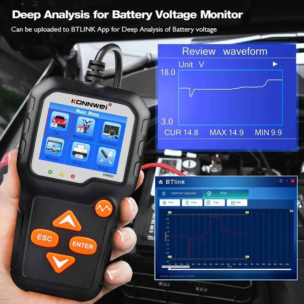 KONNWEI KW650 6V 12V Car Battery Tester 100 to 2000 CCA Motorcycle Auto Battery Analyzer Car Moto Cranking Charging Test Tool