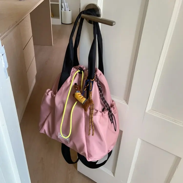 2025 New Double Shoulder Backpack Drawstring Tote Bag Commuter Simple Women's Single Strap Bag Large Capacity Nylon Material