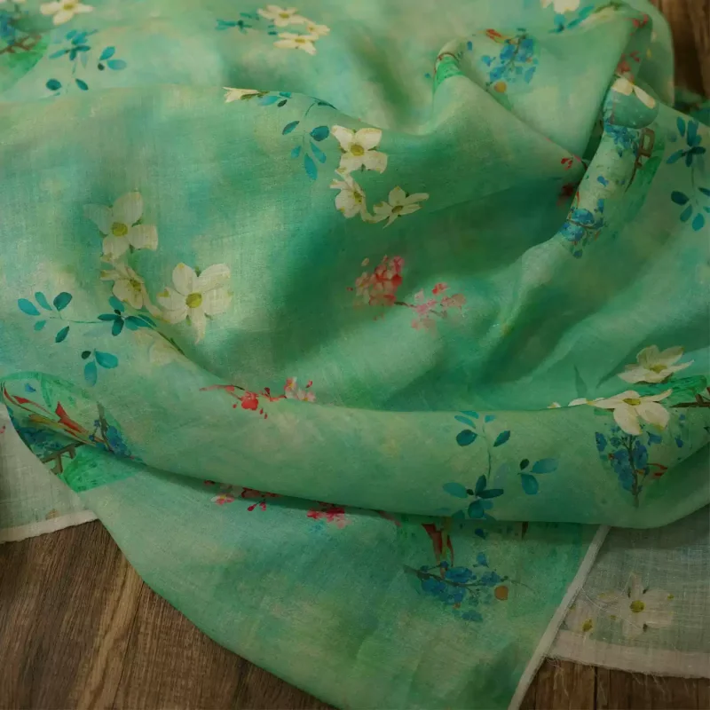 

100% pure ramie green printed fabric for making shirts, qipao dresses, DIY fabrics