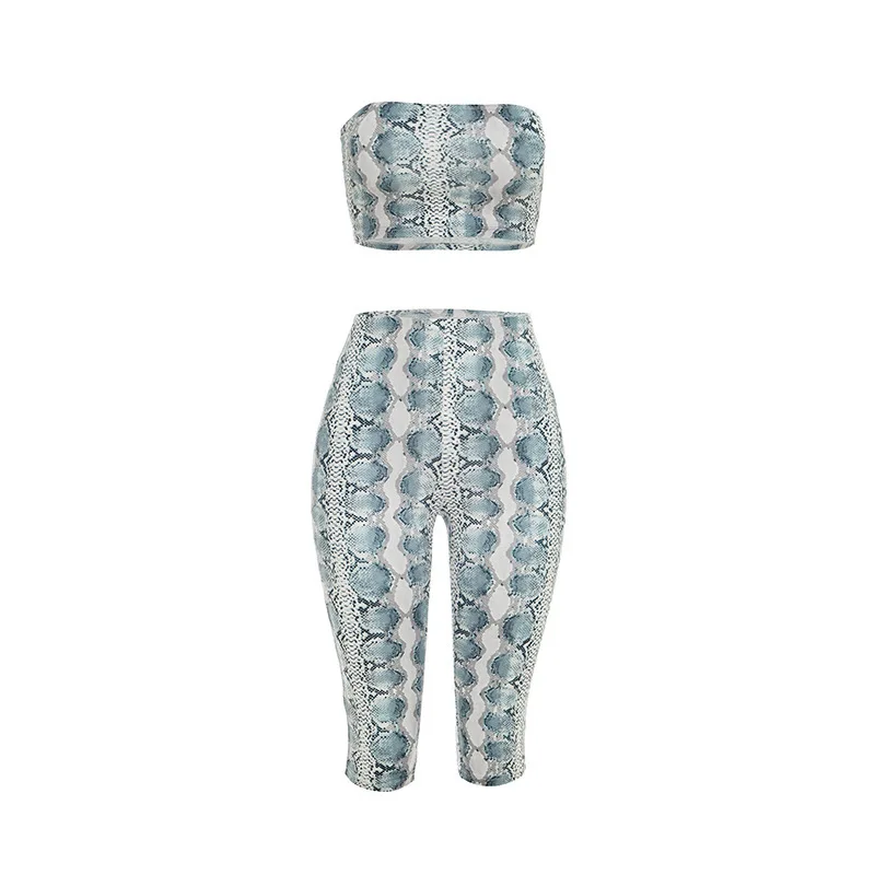 

Summer new snake print strapless top+tight fitting cropped pants two-piece set