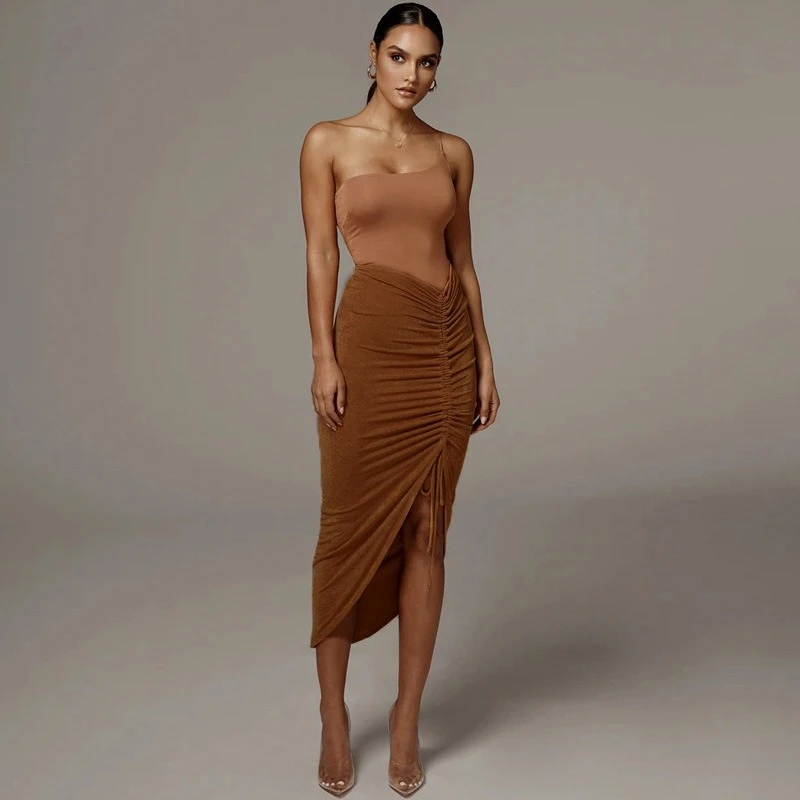 

Women New Asymmetrical Shirring Skirt High Waist Pleated Fashion Pencil Skirt Summer Solid Wrap Hip Sexy Slim Irregular Skirts