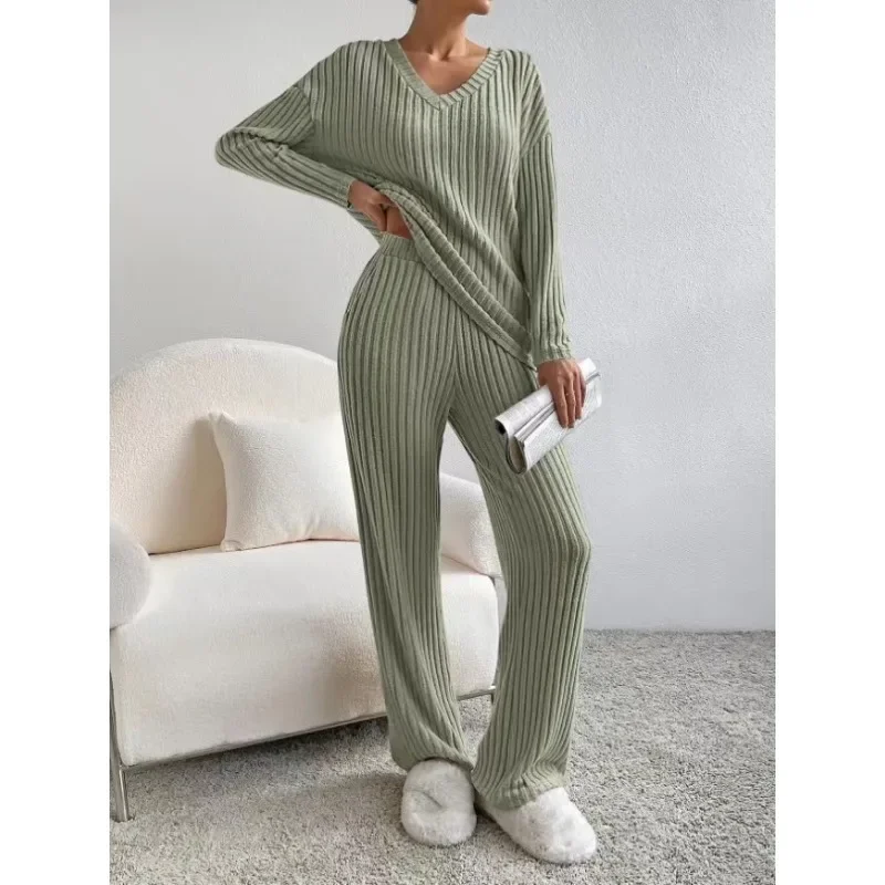 Spring 2024 Autumn New Loose Two-Piece Suit Women Long Sleeve V-neck Pullover Top Mid Waist Pocket Straight Wide Leg Pants Suit